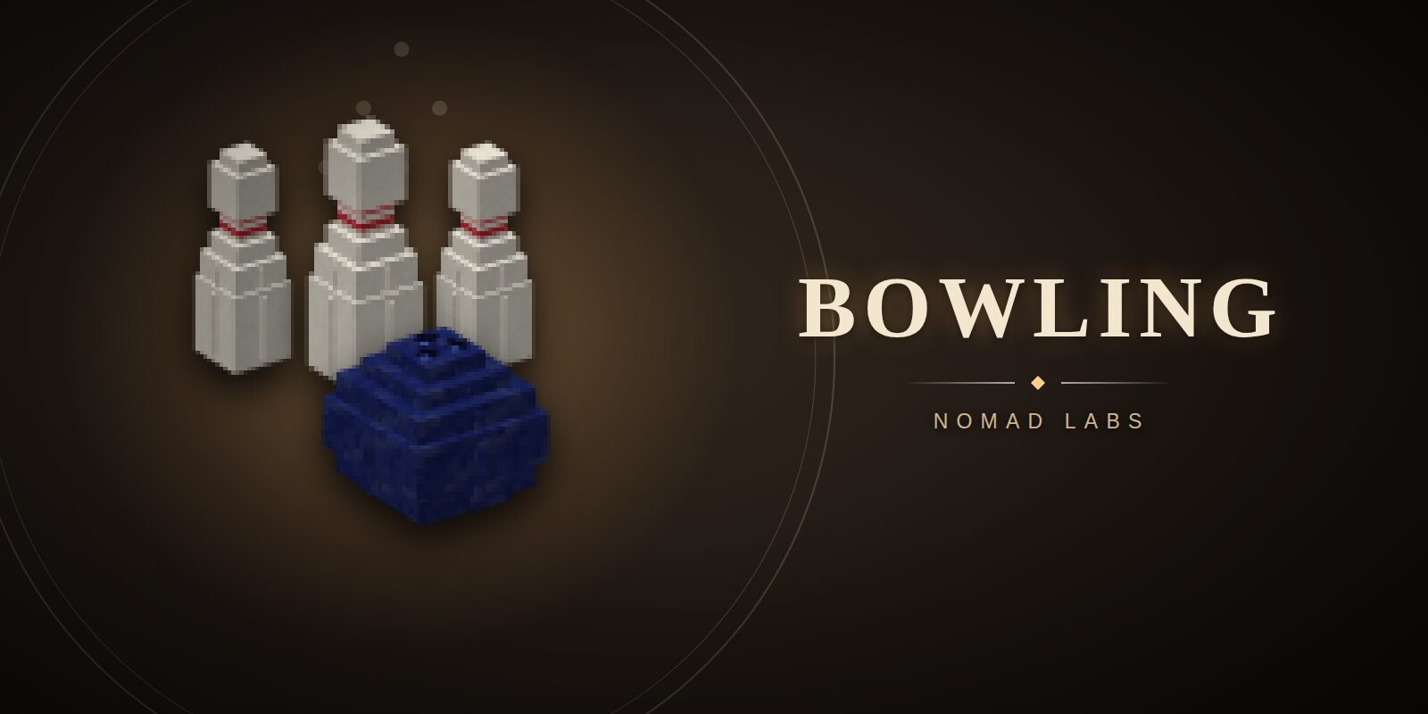Three white bowling pins with red bands behind a dark blue bowling ball, beside the word BOWLING and Nomad Labs on a dark background.