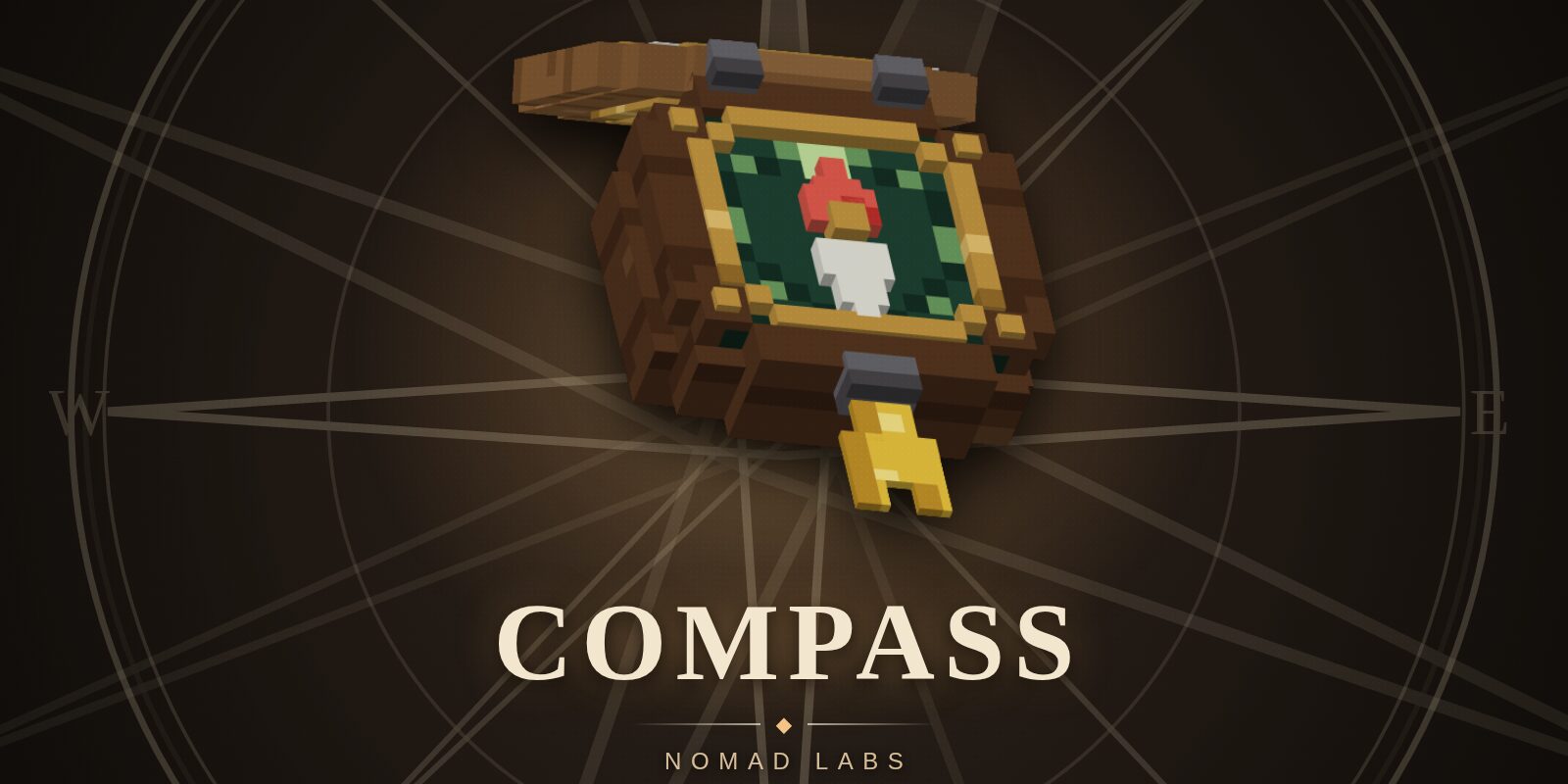 The pocket compass, a wooden case with a gold frame and a red-and-white needle, over a faint compass rose above the word COMPASS.