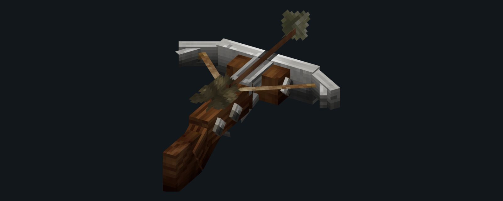The iron crossbow loaded, its string drawn back and a fletched bolt seated, on a dark background.