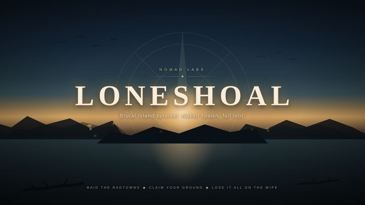 Loneshoal: a dark archipelago at dusk with the server's name across the water