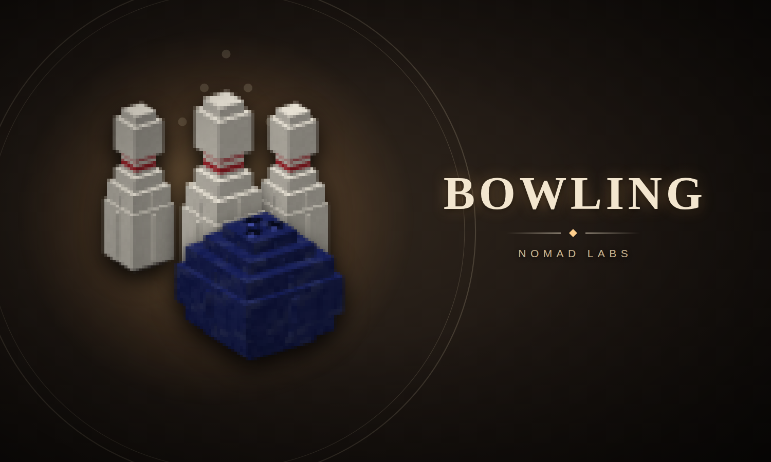 Three white bowling pins with red neck bands behind a dark blue bowling ball, beside the word Bowling