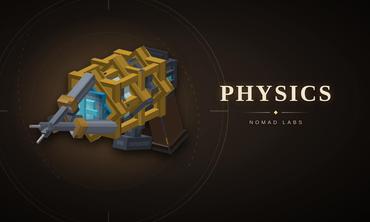 The physgun, a gold lattice frame around a glowing blue core with a grey barrel, beside the word Physics