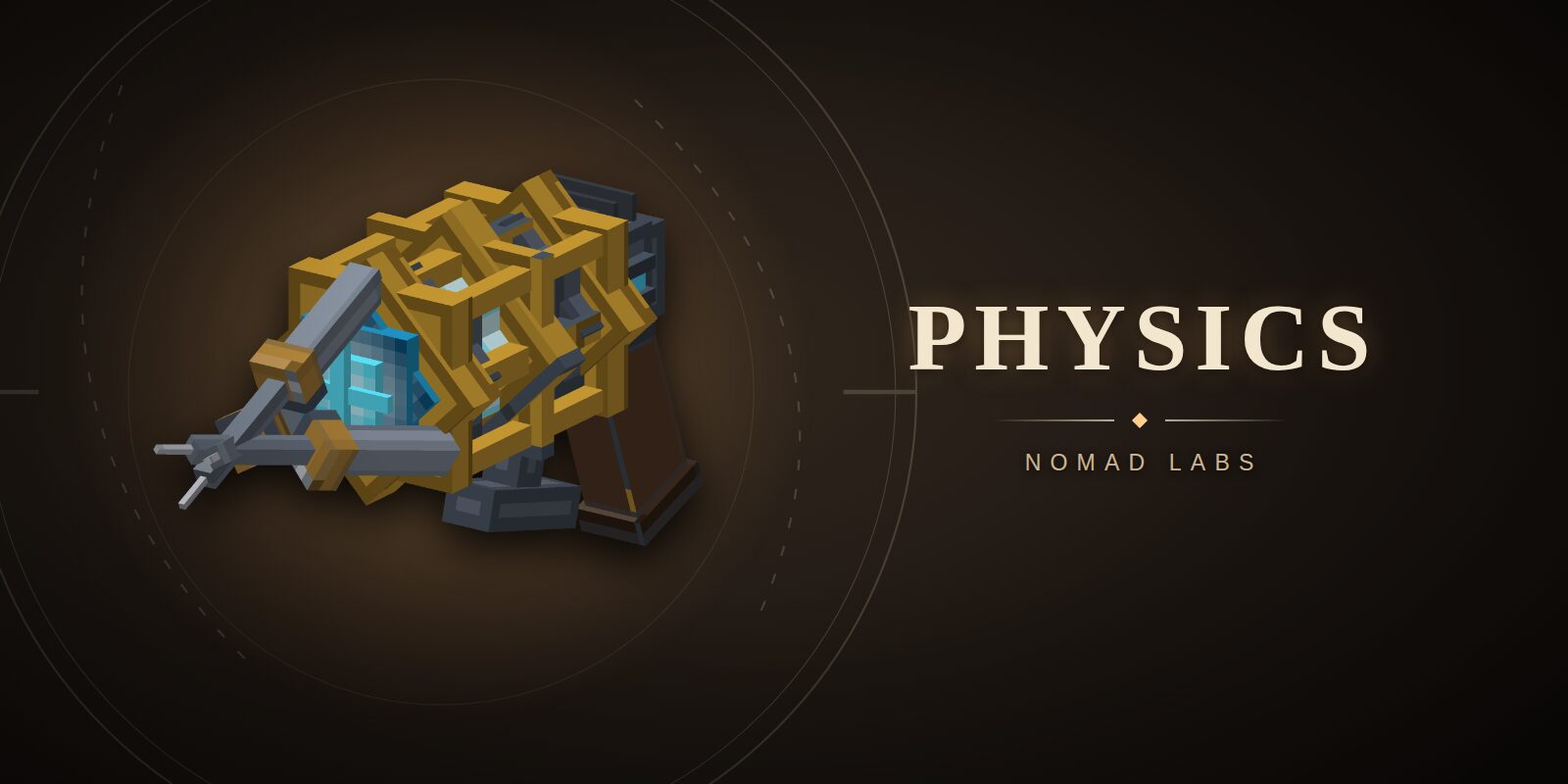 A blocky gold-caged device with a glowing blue core and grey barrels, beside the word PHYSICS and Nomad Labs on a dark background.
